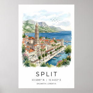 Split Dalmatia Konsttryck Akvarell Strandpromenad Poster