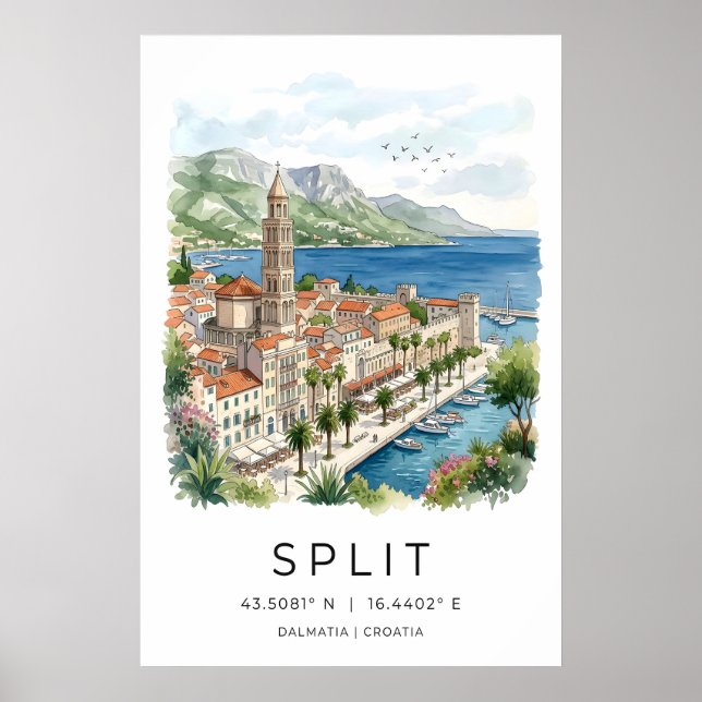 Split Dalmatia Konsttryck Akvarell Strandpromenad Poster (Framsidan)