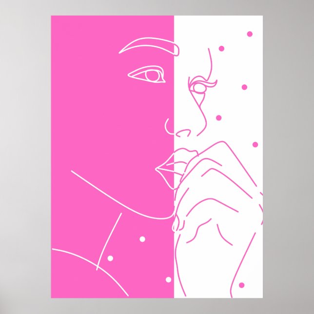 Split Face Pink and White Polka Dot Line Art Poster (Framsidan)