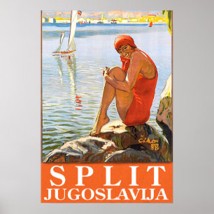Split, Jugoslavien, flicka på klippan vid havet Poster