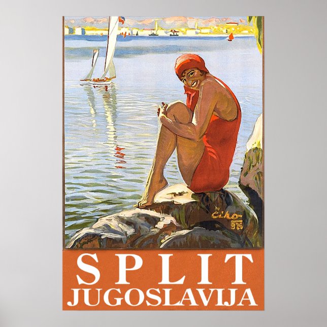 Split, Jugoslavien, flicka på klippan vid havet Poster (Framsidan)