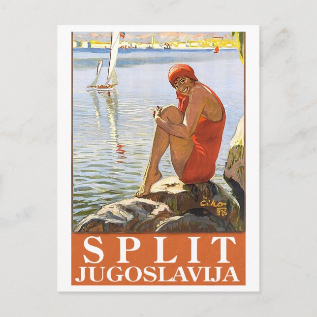 Split, Jugoslavien, flicka på klippan vid havet Vykort (Framsida)