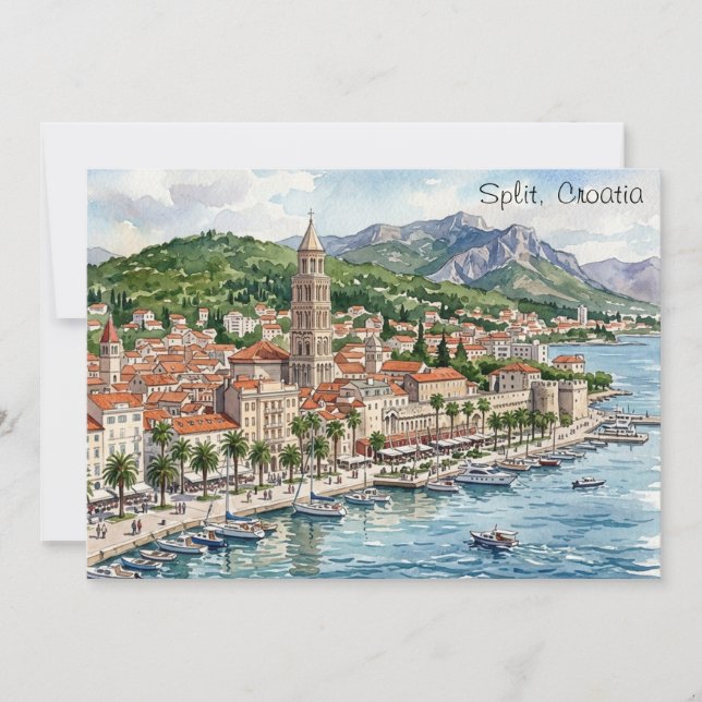Split Kroatien Dalmatien Balkan Akvarell Konstvy  Inbjudningar (Framsida)