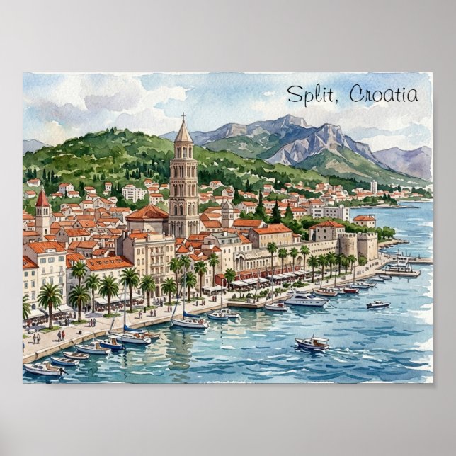 Split Kroatien Dalmatien Balkan Akvarell Konstvy  Poster (Framsidan)