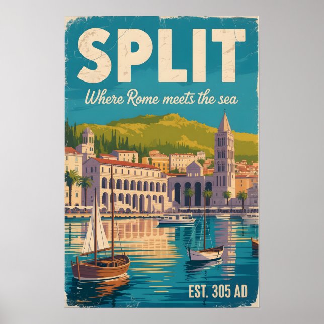 Split Kroatien Retro Stadsscen Travel Poster (Framsidan)