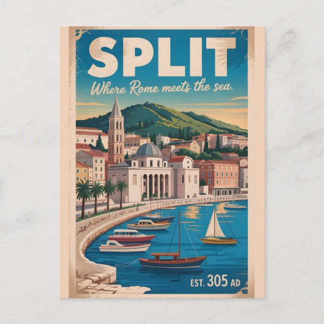 Split Kroatien Retro Stadsscenarie Resa Vykort (Framsida)