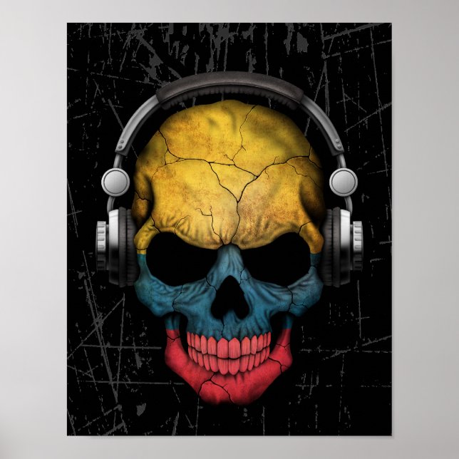 Splittrad colombiansk Dj Skull med hörlurar Poster (Framsidan)
