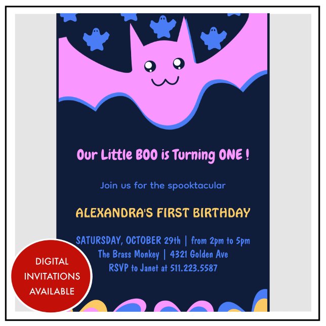 Spök Flygande fladdermus Lilla uhu Halloween 1-års Inbjudningar (Halloween-1st-Birthday-Invitation-Ghost-Flying-bat-Little-boo-pink-1)