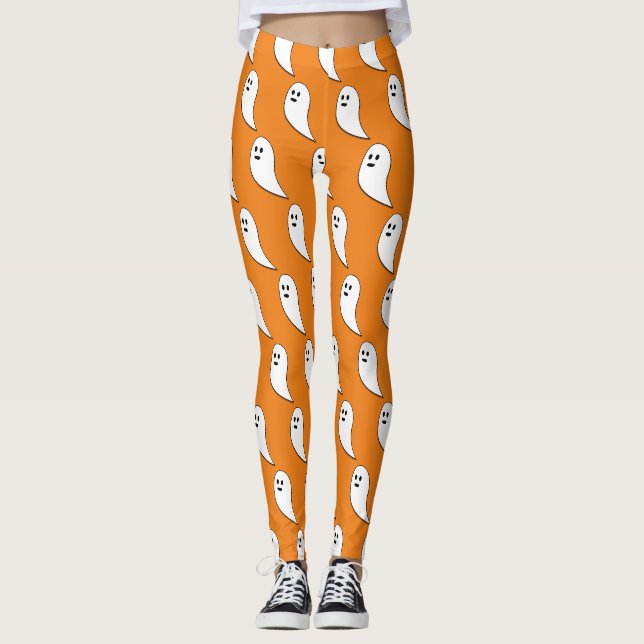 Spök Halloween vit söt mönster orange Leggings (Framsida)