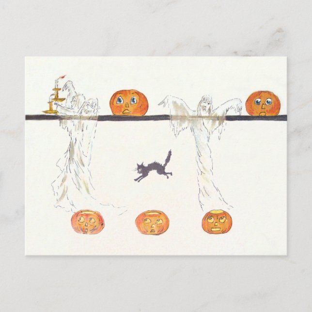 Spök Jack O Lantern Pumpa Svart Katt Vykort (Framsida)