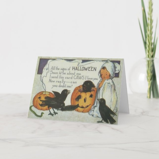 Spök Kråka Jack O Lantern Pumpa Svart Katt Kort (Framsida)