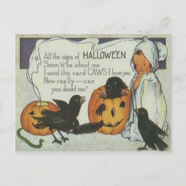Spök Kråka Jack O Lantern Pumpa Svart Katt Vykort (Framsida)