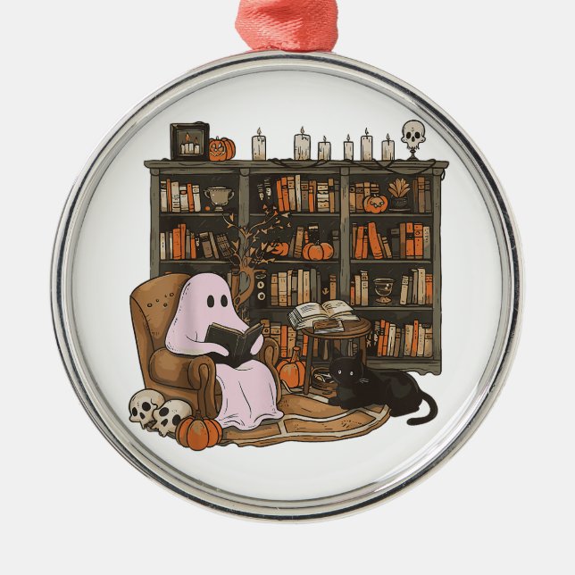 Spök Läs bok Katt älskare Halloween  Julgransprydnad Metall (Framsidan)