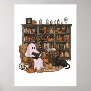 Spök Läs bok Katt älskare Halloween Poster