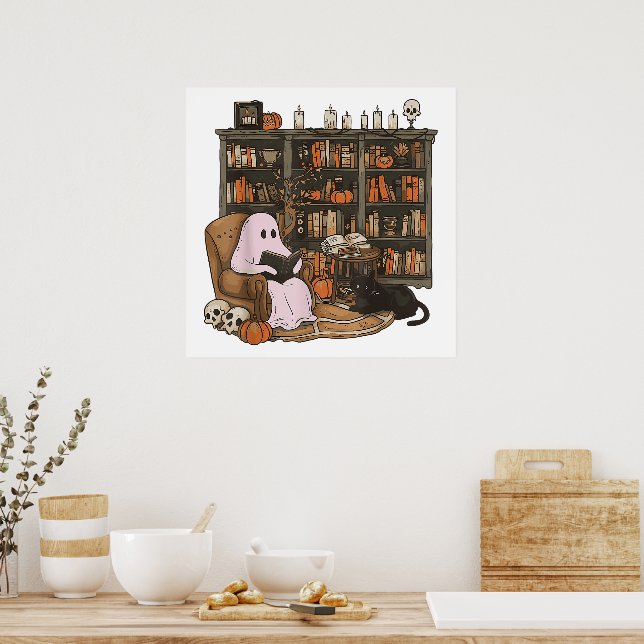 Spök Läs bok Katt älskare Halloween  Poster (Kök)