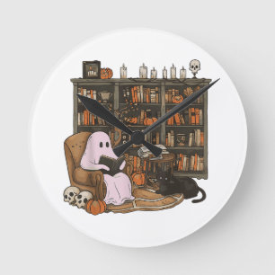 Spök Läs bok Katt älskare Halloween Rund Klocka