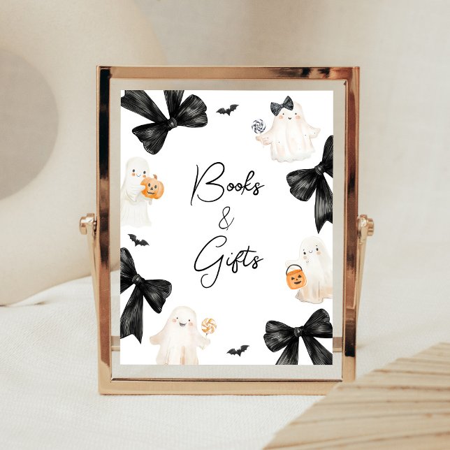 Spök Little Boo Halloween Böcker och Gåvor Skylt (Black Bow Little Boo Halloween Baby Shower Books and Gifts Sign)