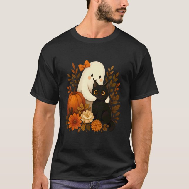 Spök-omhuggen katt omgiven av halloween-pumpor t shirt (Framsida)
