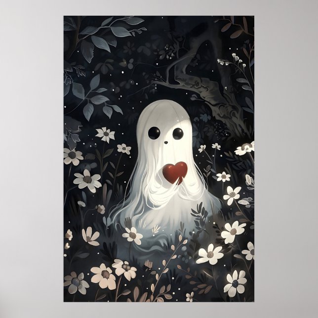 Spök som håller hjärta i blommig skogstryck poster (Framsidan)