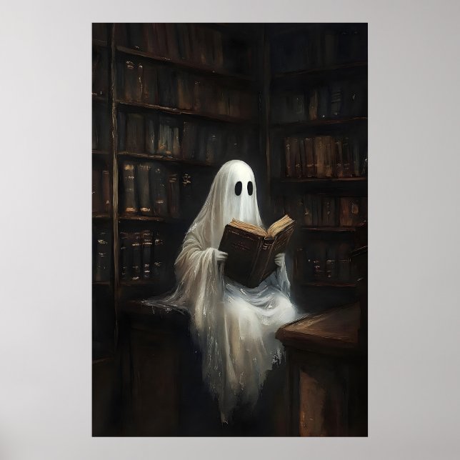 Spök som läser böcker i bibliotekstryck, digitalt poster (Framsidan)