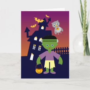 Spökade hus och Halloween häxa och Frankenstein Kort