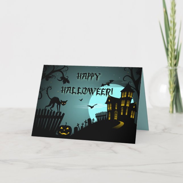 Spökade husblått för happy halloween svart katt kort (Framsida)