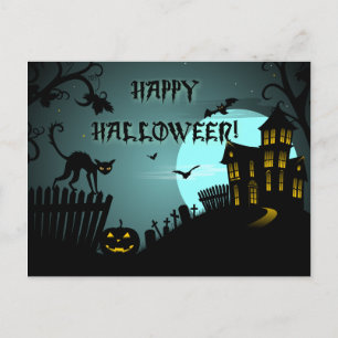 Spökade husblått för happy halloween svart katt vykort