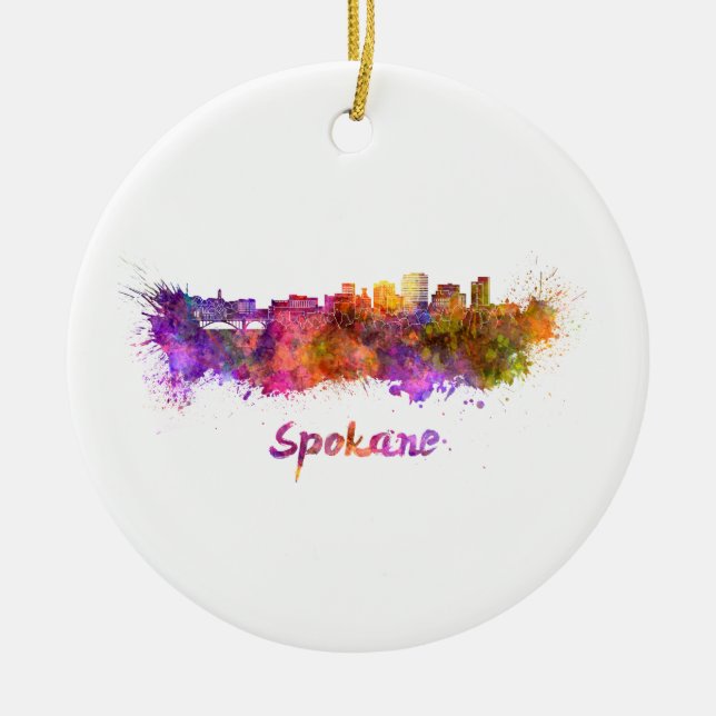 Spokane skyline in watercolor julgransprydnad keramik (Framsidan)