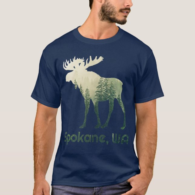 Spokane WA Moose Forest Tree Hunter Wildlife T Shirt (Framsida)