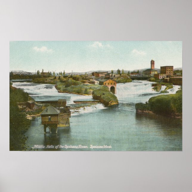 Spokane, WA - View of Mitten Falls & River Poster (Framsidan)
