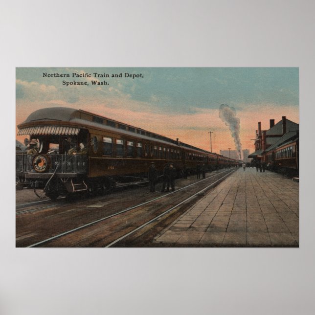 Spokane, WA - View of N. Pacific Tåg & Depot Poster (Framsidan)