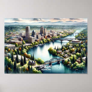 Spokane Washington Berömd Travel Ställe, vattenfär Poster
