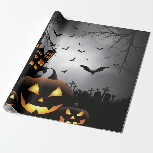 Spökat hus för Halloween kyrkogårdplatser pumpa Presentpapper (Utrullad)