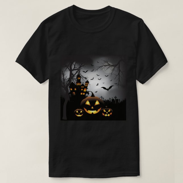 Spökat hus för Halloween kyrkogårdplatser pumpa T-shirt (Design framsida)
