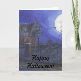 Spökat hus för happy halloweenhälsningkort kort