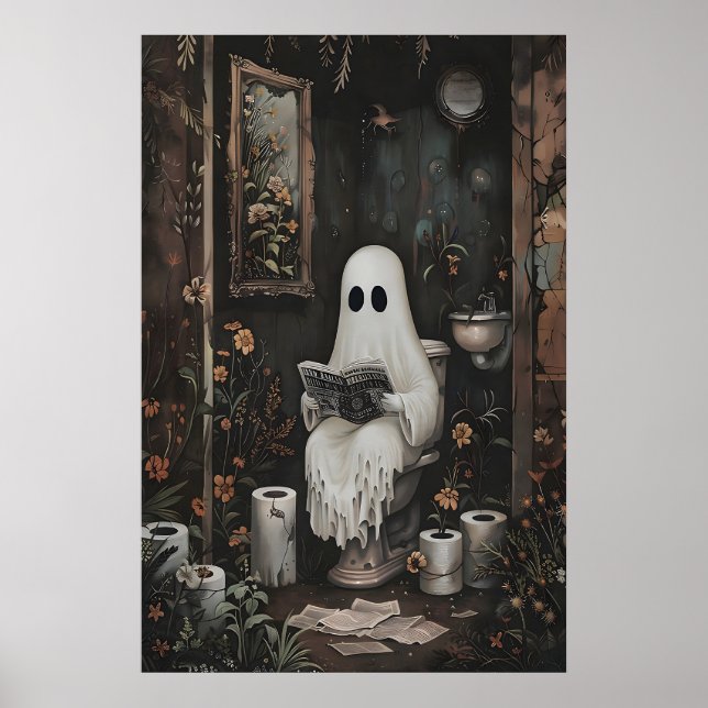Spökbild som läser tidning på toaletten, mörkt poster (Framsidan)