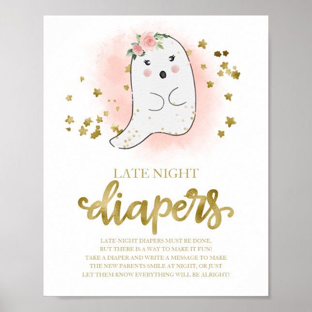 Spökblöjor för sena nätter Baby Shower Spel Skylt (Framsidan)