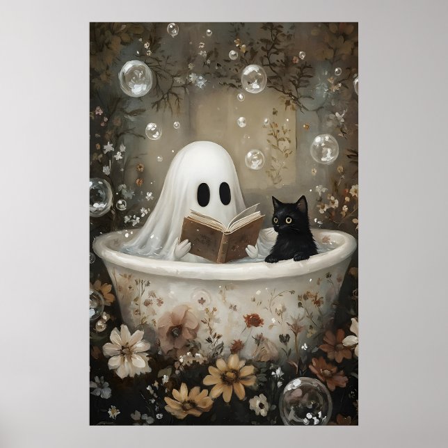 Spökbokläsning och svart katt tar ett badkar poster (Framsidan)