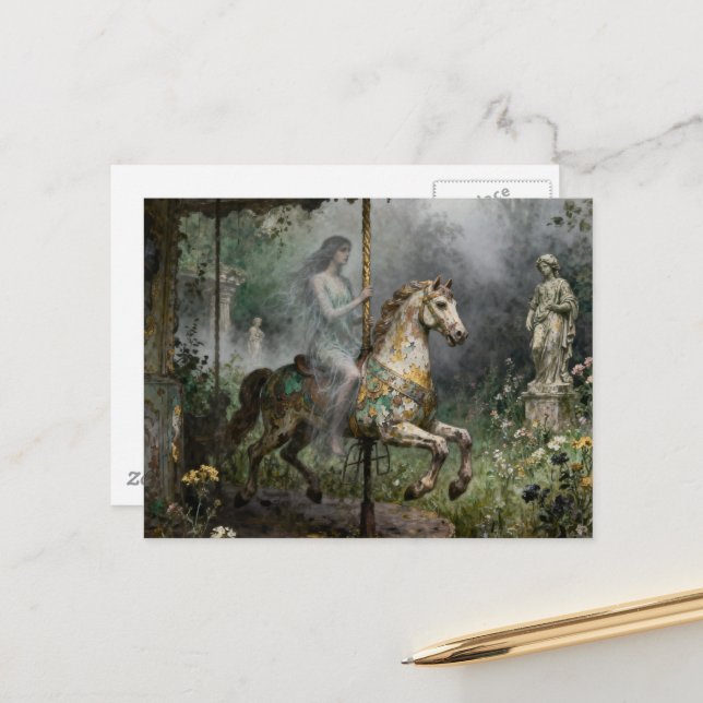 Spökdam på övergiven karusell i trädgården vykort (Fram/Back In Situ)