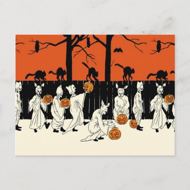 Spökdräkt Jack O Lantern Svart Katt Uggla Fladderm Vykort (Framsida)