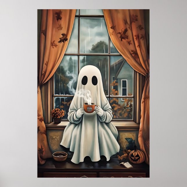 Spökdrycker kaffeutskrift, spökte whimsical poster (Framsidan)