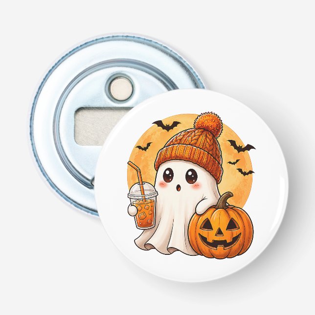 Spöke dricker iskaffe med pumpa Halloween Flasköppnare (Framsidan)
