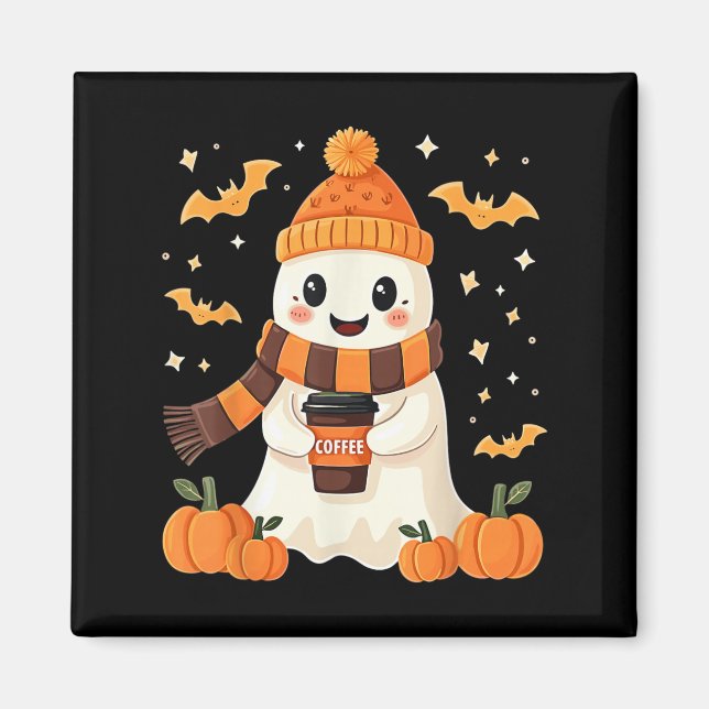 Spöke dricker kaffe Halloween Söt spökis kaffe Magnet (Framsidan)