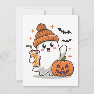 Spöke, fladdermöss, pumpa och dryck, söt Halloween Julkort