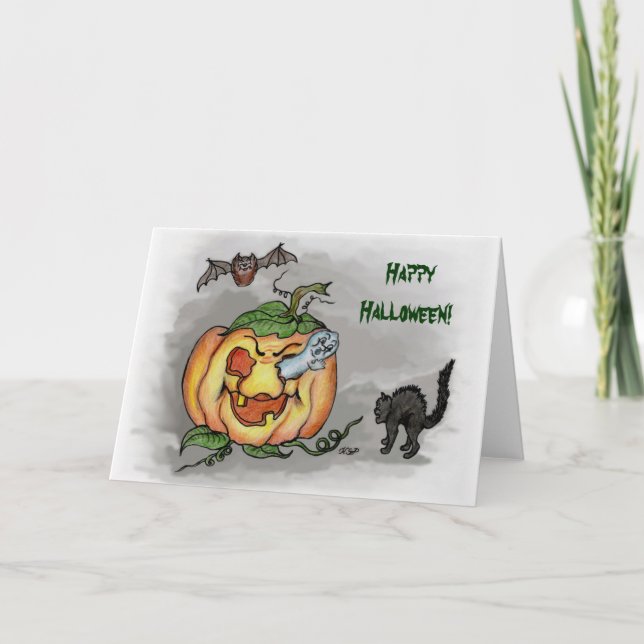 spöke, fladdermus och katt, Happy halloween! Kort (Framsida)