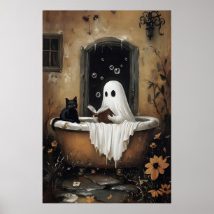 Spöke läser bok och svart katt tar badkar poster