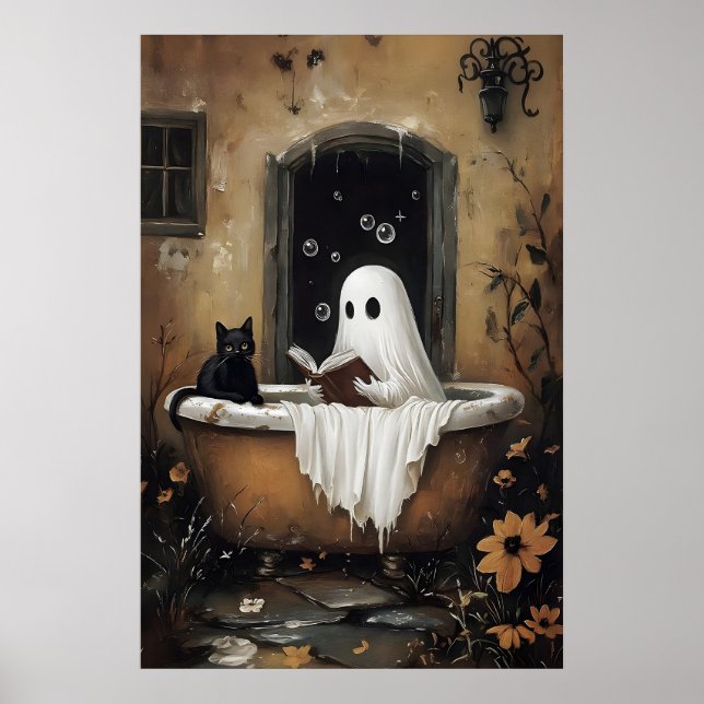 Spöke läser bok och svart katt tar badkar poster (Framsidan)