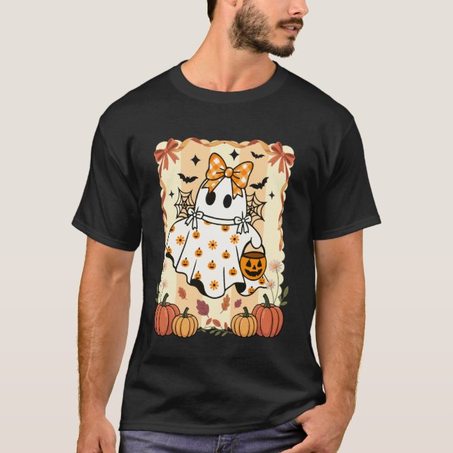 Spöke med båge Preppy Halloween-pumpa Säsong Kvinn T Shirt (Framsida)