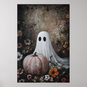 Spöke med rosa pumpa i höstblomma, mörkt poster