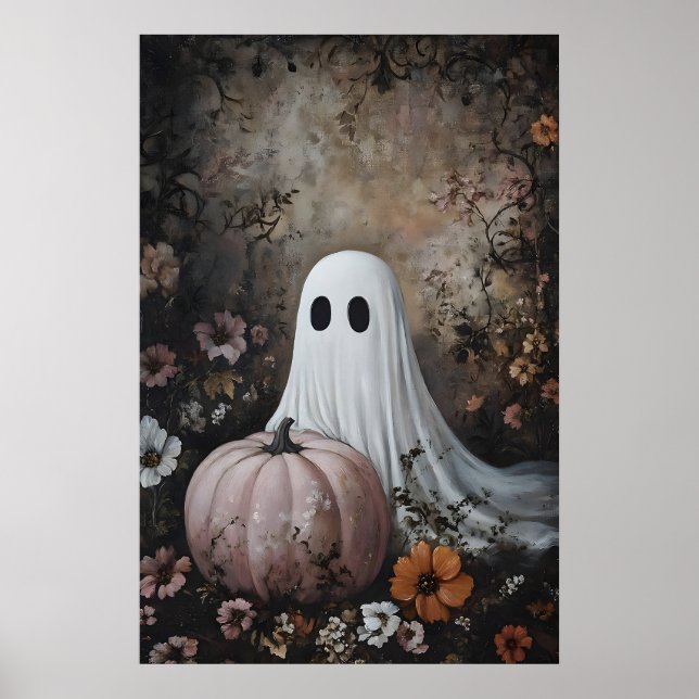 Spöke med rosa pumpa i höstblomma, mörkt poster (Framsidan)